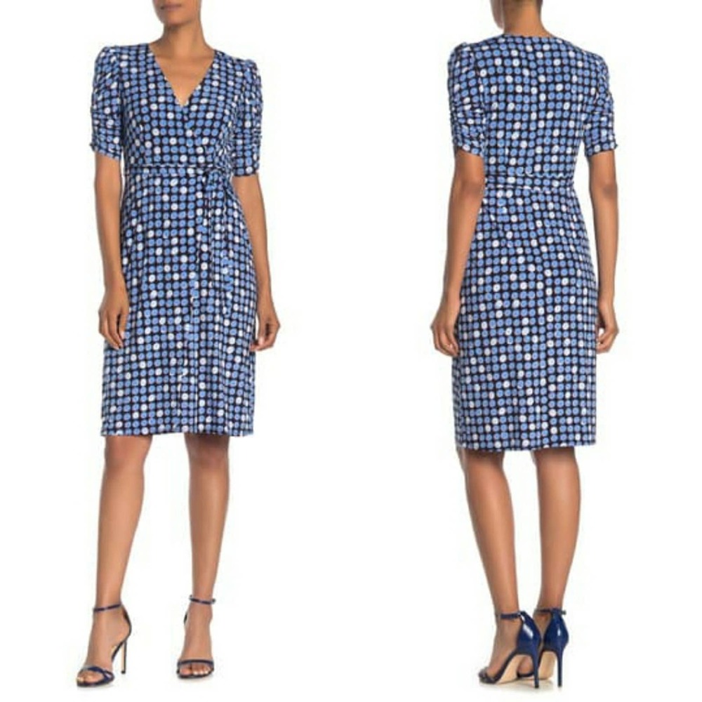 Eliza J Polka Dot Print Ruched Half Sleeve Dress